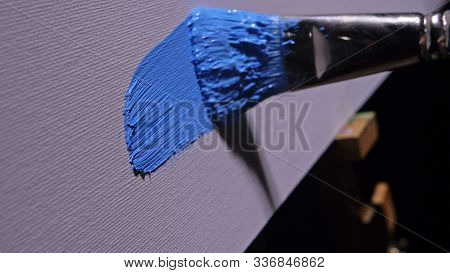 Artist Copyist Paint Seascape With Ship In Ocean. Craftsman Decorator Draw As Boat Sail On Blue Sea 