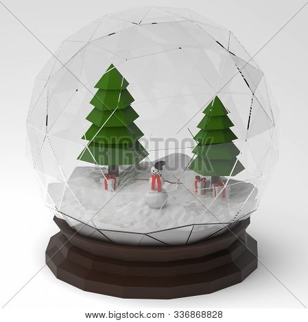 Snowglobe Loy Poly 3d Render With Firtrees And Snowman