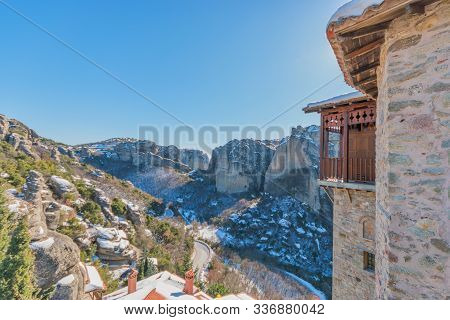 Beautiful Landscape With Monasteries And Rock Formations In Meteora In Winter Time, Greece.