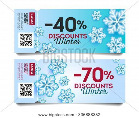 Winter Sale Coupon Template With Discounts, Snowflakes Illustration On Dlue Frosty Backdrop With Tor