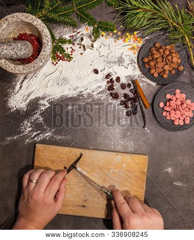 Delicious And Beautiful Handmade Flat Lay For Christmas Baking With Chocolate Chips, Oranges, Nuts, 
