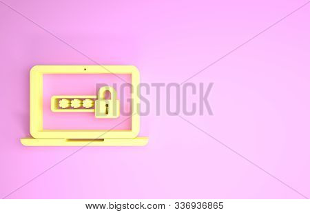 Yellow Laptop With Password Notification And Lock Icon Isolated On Pink Background. Security, Person