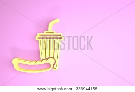 Yellow Soda And Hotdog Icon Isolated On Pink Background. Fast Food Symbol. Minimalism Concept. 3d Il