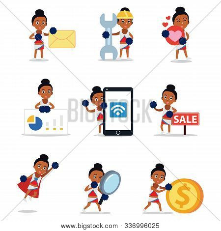 Cheerleader Girls Dancing In Competition, Set Of Character Woman