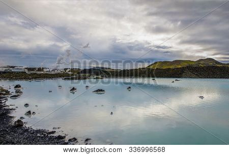 Geothermal Power Station At Blue Lagoon Iceland. Popular Tourist Attraction. Very Serene Landscape
