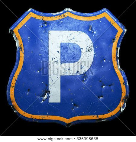 Public road sign in blue and orange color with a capitol white letter P in the center isolated black background. 3d rendering