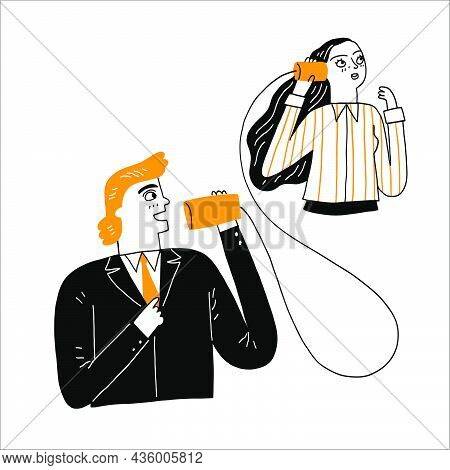 Communication Concept, Man Talking Through A Wire Like A Phone Call