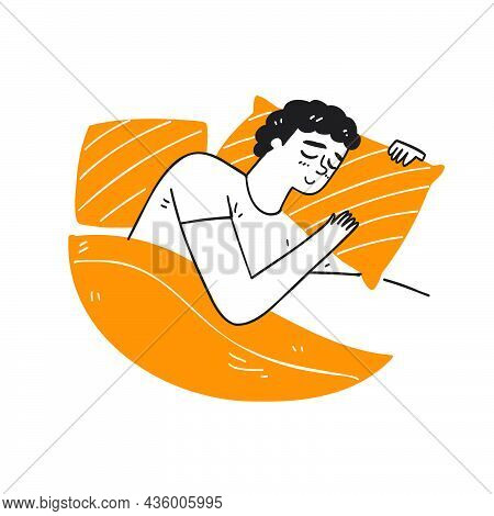 Young Man Sleeping With Orange Pillow, Hand Drawn Vector Illustrations