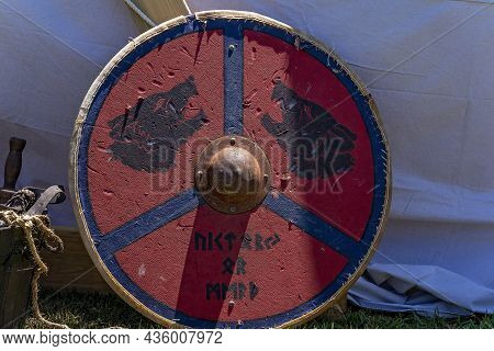 Eungella, Queensland, Australia - October 2021: Close Up Of A Decorated Replica Viking Shield At A C