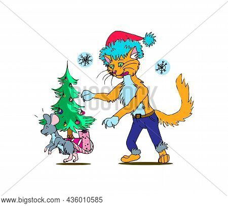 Funny Christmas Card. Cat And Mouse Illustration. Pest Contol Concept.