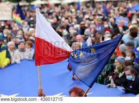 Cracow; Poland - Oct 10; 2021: We Stay; The Government Leaves! People Protest Against The Verdict Of