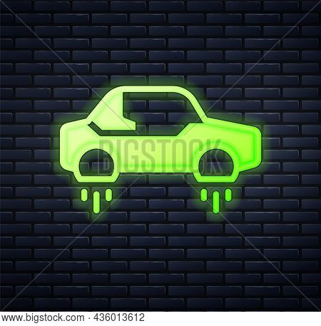 Glowing Neon Fantastic Flying Car Icon Isolated On Brick Wall Background. Hover Car Future Technolog
