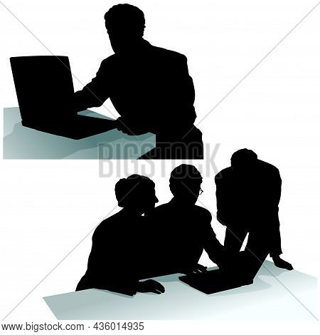 Set Of Businessman Silhouettes - Black Illustrations Isolated On White Background, Vector