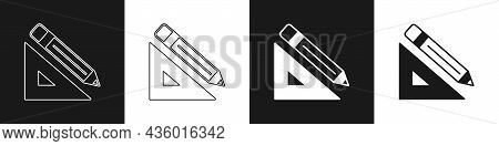 Set Triangular Ruler And Pencil Icon Isolated On Black And White Background. Straightedge Symbol. Dr