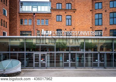 Norrkoping, Sweden - July 27, 2021: Front Facade View Of Linkoping University Campus, Red Brick Buil