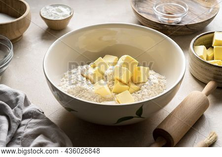 Baking Pastry Concept - Mixing Dough From Butter And Flour. Cooking A Desset, Pie, Cookies, Step By 