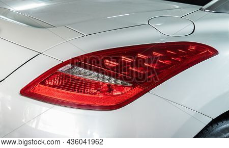 Bangkok, Thailand - 31 Aug 2021 : Close-up Of Rear Light Or Tail Lamp Of White Peugeot Rcz Sports Ca