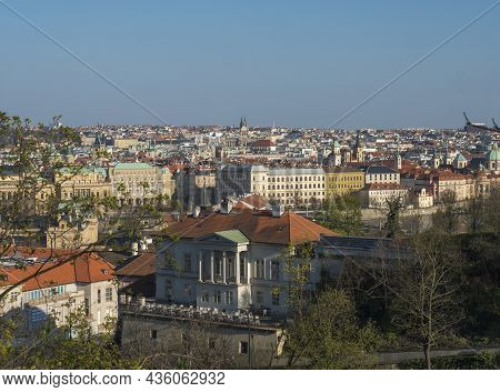 Scenic Aerial View Of Prague Old Town Architecture Roof Top Seen From Letna Hill Park, Spring Sunny 
