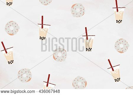 Boba tea patterned background with white sprinkle donut cute hand drawn style