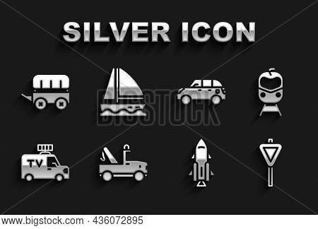 Set Tow Truck, Train And Railway, Road Traffic Signpost, Rocket Ship With Fire, Tv News Car, Hatchba
