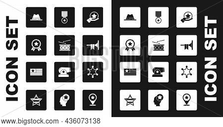 Set Usa Independence Day, Drum And Drum Sticks, Medal With Star, Man Hat Ribbon, Trumpet, Hexagram S