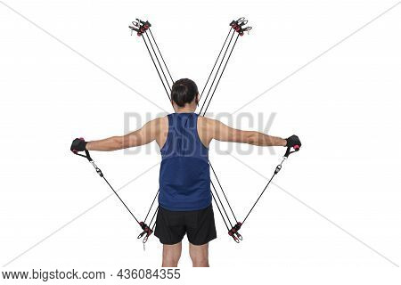 Asian Handsome Man Doing Exercise By Focusing On Tightening The Upper Arm Muscles. By Puling The Rop