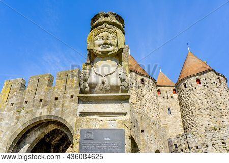 The Bust Of The Famous Lady Carcas At The Entrance Of The Citadel Of Carcassonne And In Legend The N