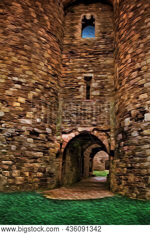 Entrance Gateway With Stone Walls And Towers On The Front Facade Of Chepstow Castle. Near Cardiff, T