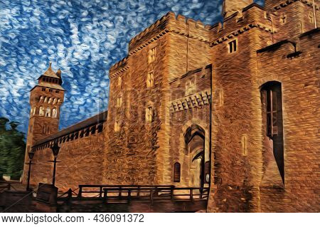 Entrance Gate With Stone Walls And Squared Towers On The Outer Facade Of The Cardiff Castle. The Cha