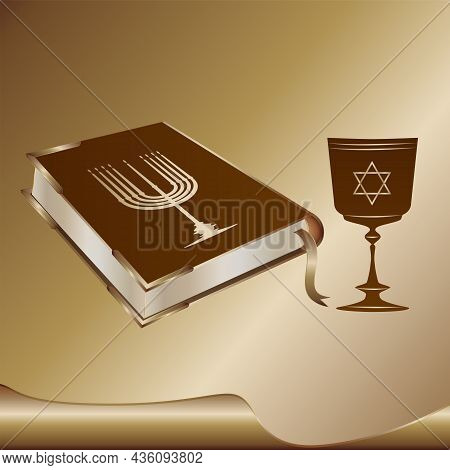 Book With The Sign Of Sevenfold Candlestick, Minor Key, Cup With The Star Of David - Gold Background