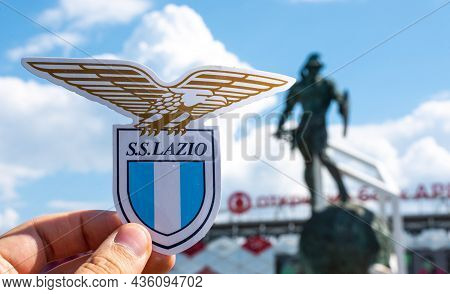 June 14, 2021, Rome, Italy. S.s. Football Club Emblem Lazio Against The Backdrop Of A Modern Stadium