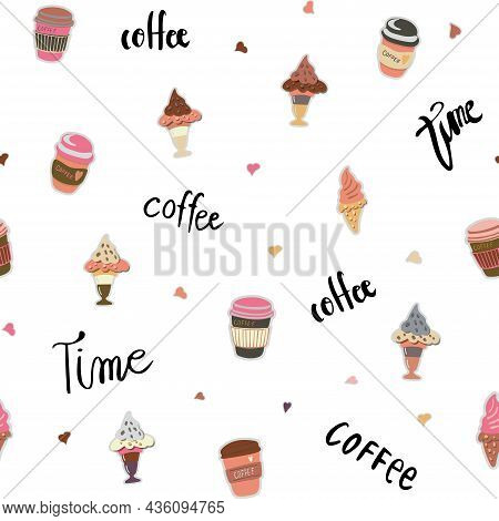 Seamless Vector Pattern In Boho Colors With Coffee Time Elements Such As Coffee Cups, Ice Cream, Let