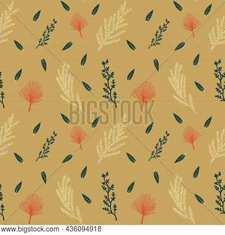 Plant Seamless Vector Pattern In Christmas Boho Colors With Pine And Twigs. Surface Design For Web A