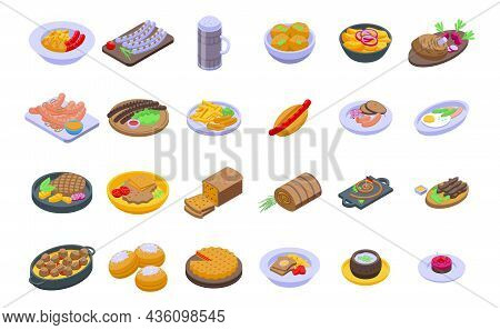German Cuisine Icons Set Isometric Vector. Cafe Sausage. Chicken Cooking