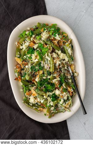 Roasted Almond Flakes With Green Beans With Riccotta Cheese And Mozzarella, Vegetable Salad With Gre
