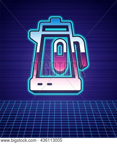 Retro Style Electric Kettle Icon Isolated Futuristic Landscape Background. Teapot Icon. 80s Fashion 