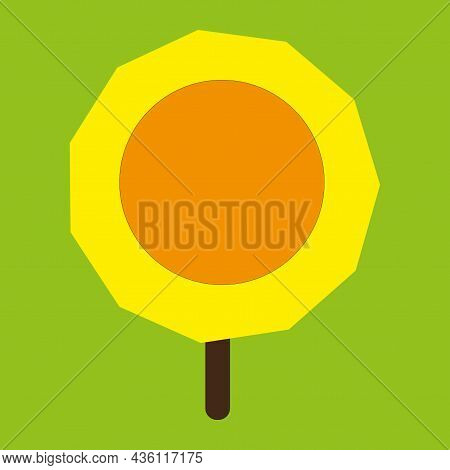 Orange Circle In Yellow Polygon. Green Background. Art Logo Design. Hand Drawn. Vector Illustration.