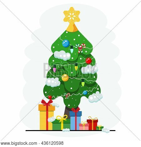 Christmas Tree With Gift Boxes, Snow, Snowflake,xams Candy,light And Colorful Ball Decoration. Merry