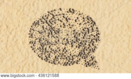 Concept conceptual stones on beach sand handmade symbol shape, golden sandy background, cloud sign. 3d illustration metaphor for communication, online talking, chatting, internet discussion