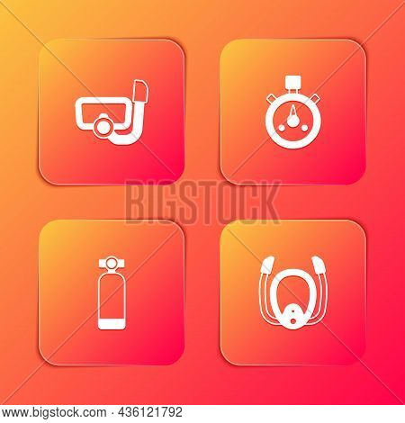 Set Diving Mask With Snorkel, Stopwatch, Aqualung And Icon. Vector