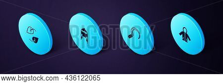 Set Isometric Raincoat, Sickle, Winter Hat And Leaf Icon. Vector