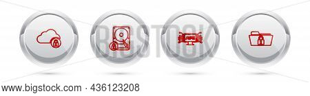 Set Line Cloud Computing Lock, Hard Disk Drive And, Computer Api Interface And Folder. Silver Circle