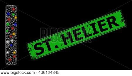 Bright Mesh Web Iota Greek Symbol With Multi Colored Bright Dots, And Grunge St. Helier Seal Stamp. 