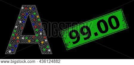 Bright Mesh Web Alpha Greek Symbol With Multicolored Flash Nodes, And Grunge 99.00 Stamp. Green Stam