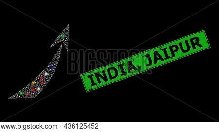Glowing Mesh Net Rocket Start With Multicolored Light Spots, And Grunge India, Jaipur Seal Stamp. Gr