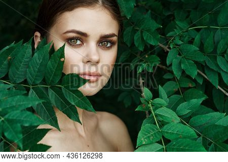 Portrait Of A Woman Green Leaves Clean Skin Nature Summer Model