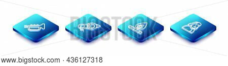 Set Isometric Line Trumpet, Firework, Campfire And Benjamin Franklin Icon. Vector