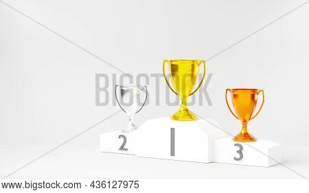 White Winner Podium, Gold, Silver And Bronze Trophy Cup On Prize Podium For The Champions, Pedestal 