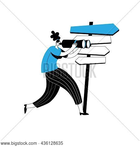 A Girl In Casual Clothes Looks Through Binoculars. The Woman Stands Next To The Sign And Chooses The