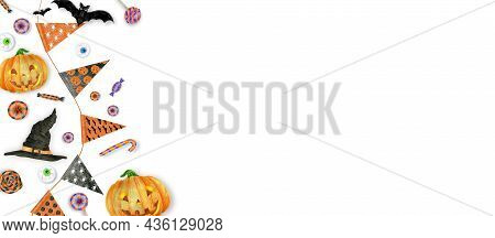 Halloween Background . Trick Or Treat Concept. Halloween Pumpkins On Background. Party Flyer With Co